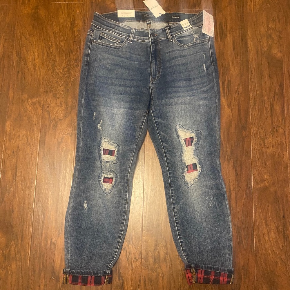 NWT Judy Blue Buffalo Plaid Patch Skinny Fit Jeans - size 14W